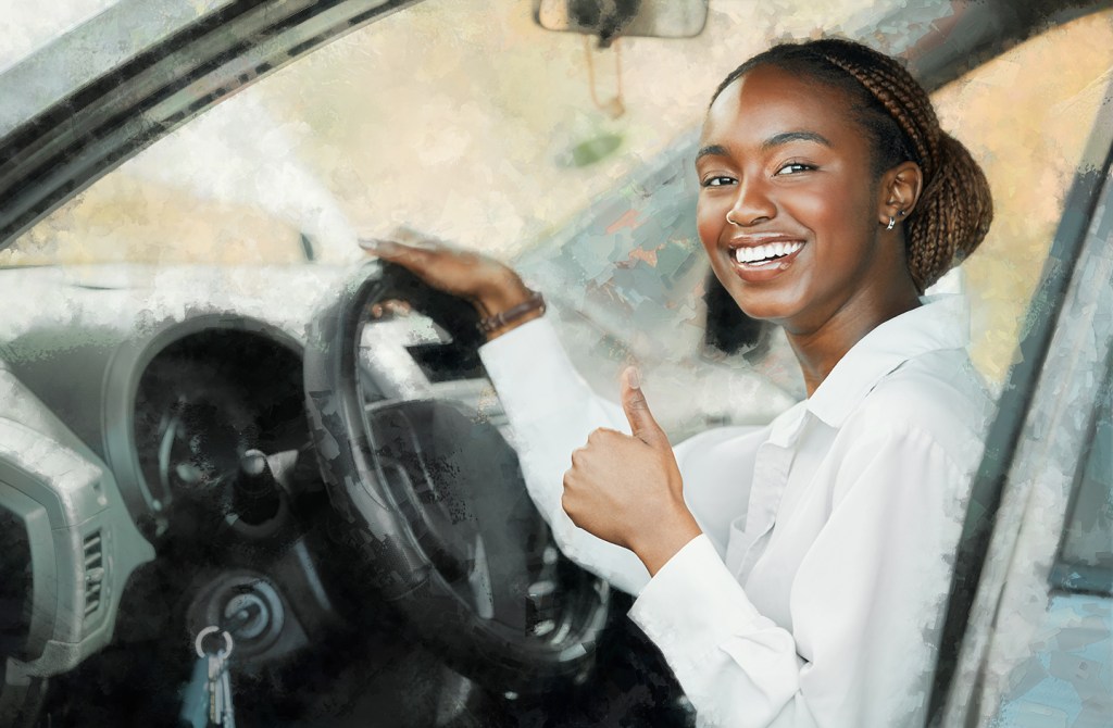 Girl smiling with a brand-new car, thanks to a First Citizens car loan