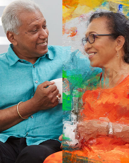Older couple drinking coffee with their equity mortgage.